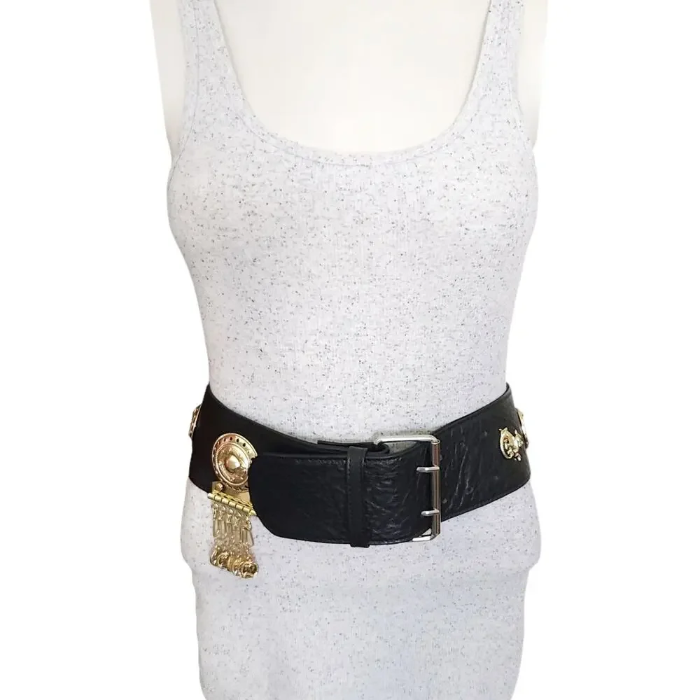 DYLAN LEX Romy black leather wide statement high waist medallion charm belt Sz S